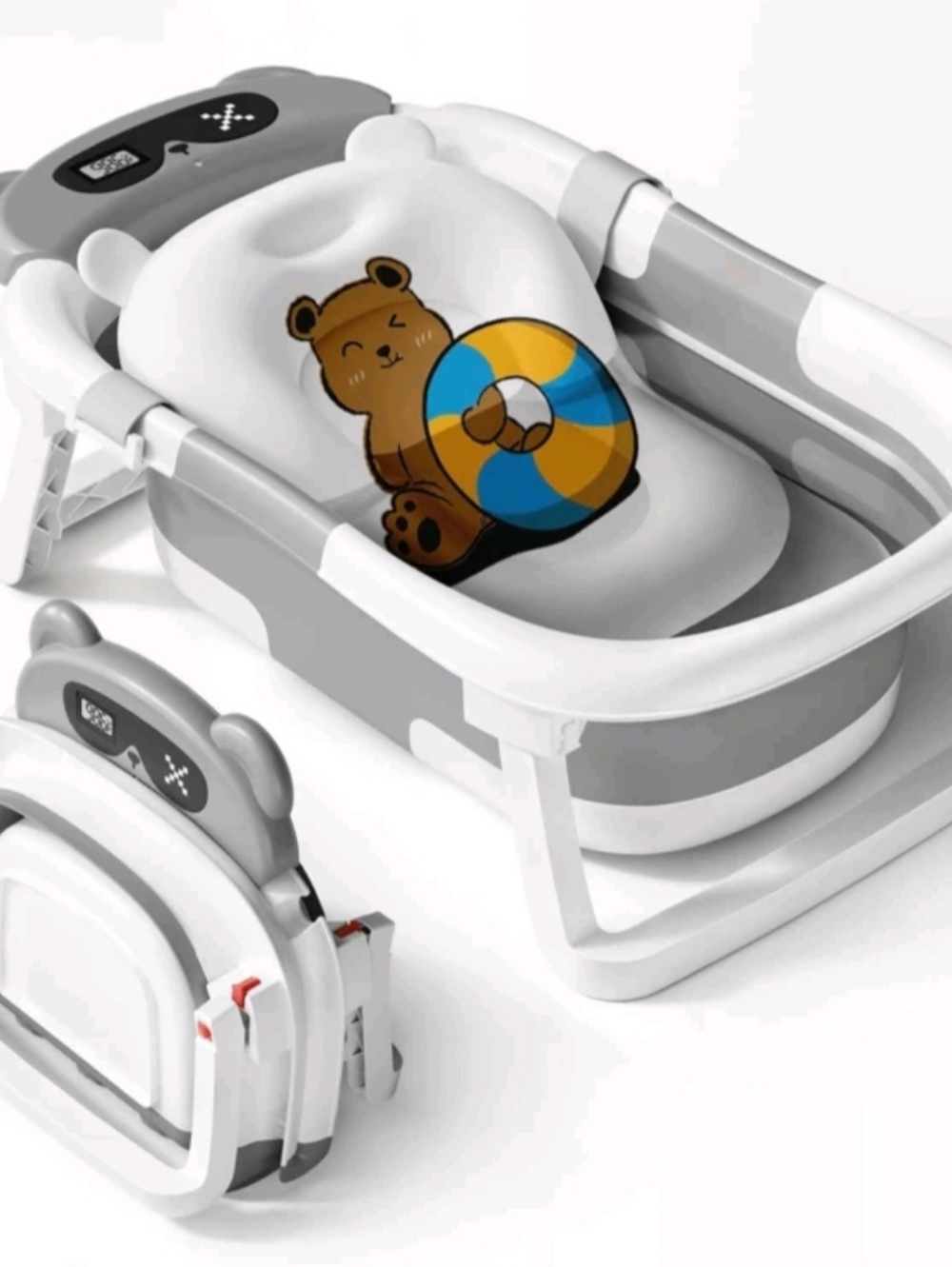 Baby Foldable Bath Tub with Bear Print - White & Gray With cushion, PortableFP50
